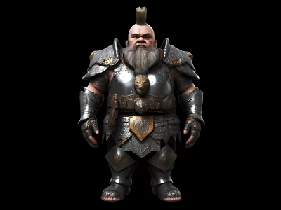 Medieval Fantasy Dwarf Warrior Character With Heavy Armor Long Beard And Crown Badge 3d model