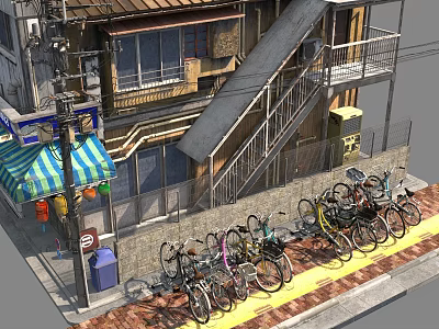 Roadside Facilities With Bicycle Parking Sidewalk Stairs Blue White Striped Awning Stalls And Poles 3d model