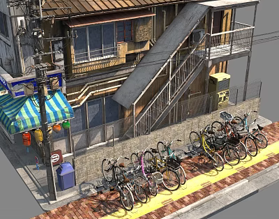 Roadside Facilities With Bicycle Parking Sidewalk Stairs Blue White Striped Awning Stalls And Poles 3d model