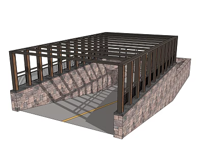 Garden Landscape Design Featuring Wooden Pergola with Stone Retaining Walls and Walkway 3d model