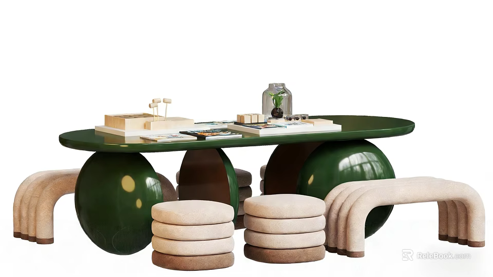 Green Oval Table and Chair Set with Spherical Bases Yellow Dots Beige Cushioned Stools 3d model 