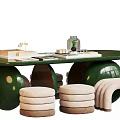 Green Oval Table and Chair Set with Spherical Bases Yellow Dots Beige Cushioned Stools