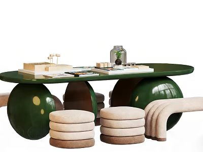 Green Oval Table and Chair Set with Spherical Bases Yellow Dots Beige Cushioned Stools 3d model