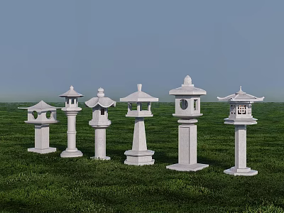 Multiple Traditional Stone Outdoor Lanterns Standing On Green Grass Field 3d model