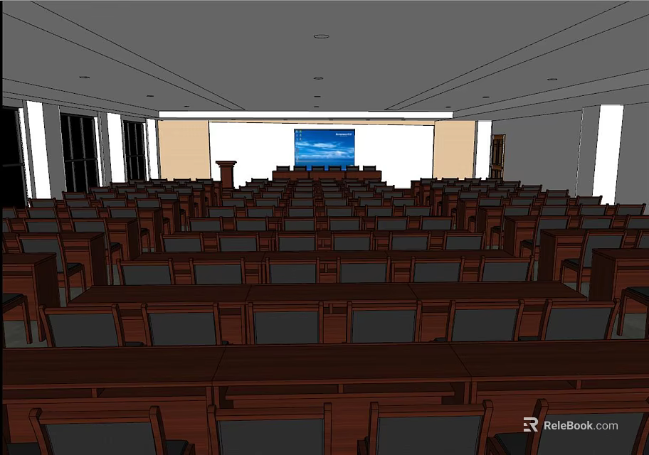 Large Conference Room Interior Layout With Arranged Wooden Seats And Front Screen 3d model 