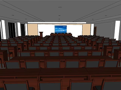 Large Conference Room Interior Layout With Arranged Wooden Seats And Front Screen 3d model