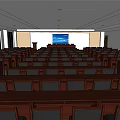 Large Conference Room Interior Layout With Arranged Wooden Seats And Front Screen