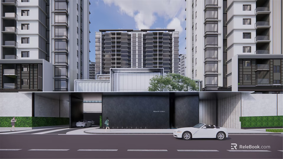 Modern High Rise Residential Landscape With Street Entrance Car And Trees 3d model 
