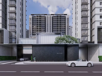 Modern High Rise Residential Landscape With Street Entrance Car And Trees 3d model