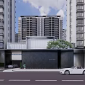 Modern High Rise Residential Landscape With Street Entrance Car And Trees
