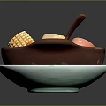 Chicken Drumstick Served in Brown Bowl With Corn Carrots Mushrooms on Blue Plate