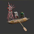 Modern Decorative Model Scene With Windmill Boat Small House Green Barrel And Paddle