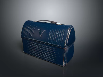 Dark Blue Vintage Metal Lunch Box With Handle Vertical Stripes And Letter V Design 3d model