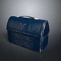 Dark Blue Vintage Metal Lunch Box With Handle Vertical Stripes And Letter V Design