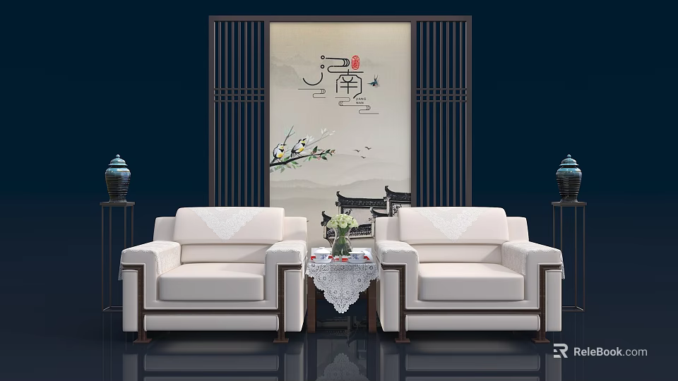 White Leisure Sofa Set with Center Table and Flower Vase in Chinese Style Living Room 3d model 