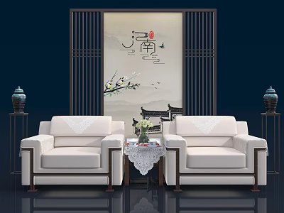 White Leisure Sofa Set with Center Table and Flower Vase in Chinese Style Living Room 3d model