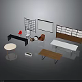Modern Interior Design With Round Table Long Wooden Tables Chairs Display Shelves And White Screen