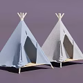 Simple Two Tipi Style Tents With Light Blue And Gray Covers And Wooden Poles