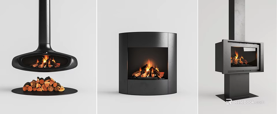 Sleek Modern Black Cylindrical Fireplace With Burning Wood And Flames Inside 3d model 