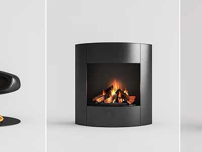 Sleek Modern Black Cylindrical Fireplace With Burning Wood And Flames Inside 3d model