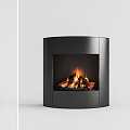 Sleek Modern Black Cylindrical Fireplace With Burning Wood And Flames Inside
