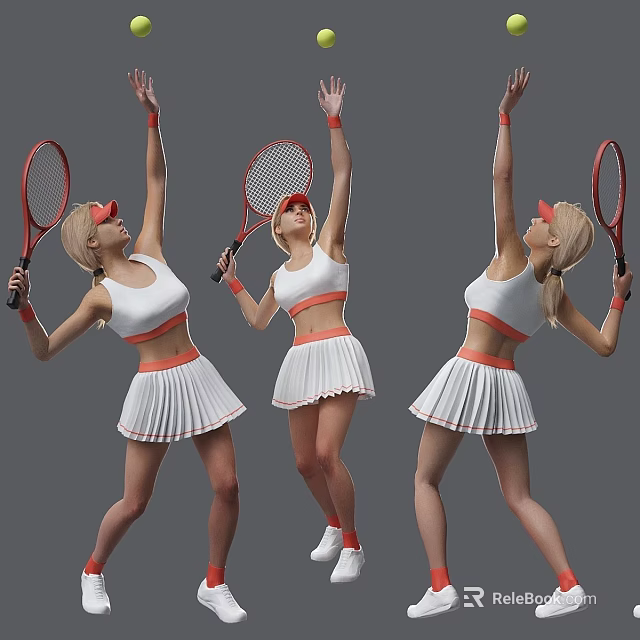 Group of Women Tennis Players in White Sportswear with Red Rackets Raising Arms 3d model 