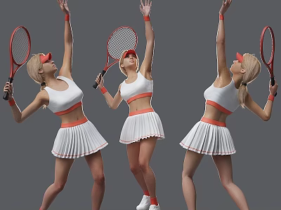 Group of Women Tennis Players in White Sportswear with Red Rackets Raising Arms 3d model