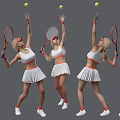 Group of Women Tennis Players in White Sportswear with Red Rackets Raising Arms
