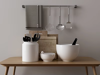 Stylish Kitchen Utensils Hanging On Wall With Gray Towel And White Containers On Wooden Countertop 3d model