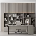 Modern Minimalist Office Setup With Desk Apple Laptop Bookshelf Books And Office Chair