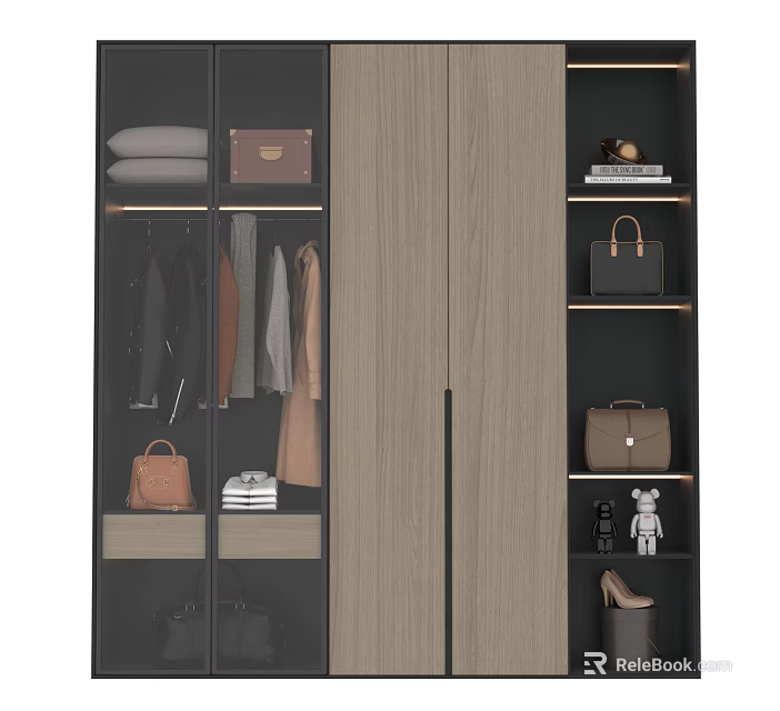 Modern Wardrobe Design With Glass Doors Hanging Rails Storage Shelves And Handbags 3d model 