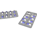 Blue And White Capsules In Blister Packs With Scattered Pills On Dark Surface