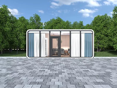 Modern Guesthouse Building With Large Glass Windows Paved Stone Courtyard And Lush Green Trees 3d model