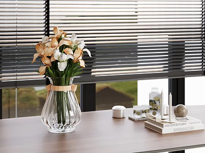 Transparent Glass Vase With Brown And White Flowers On Wooden Table Near Window Blinds 3d model