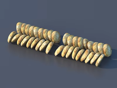 Oval Brownish Yellow Cookies With Dark Spots Neatly Arranged In Two Rows On Gray Background 3d model