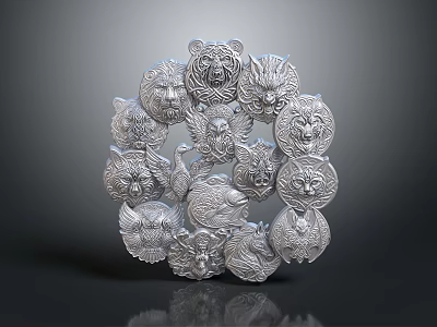 Ornamental Weapon With Circular Design Featuring Sculpted Animal Heads And Silver Finish 3d model