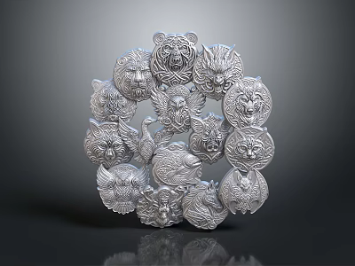 Ornamental Weapon With Circular Design Featuring Sculpted Animal Heads And Silver Finish 3d model