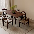 Modern Wooden Dining Table and Chair Set with Six Chairs Green Plant and Rug
