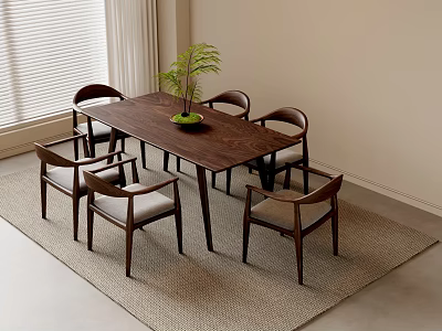 Modern Wooden Dining Table and Chair Set with Six Chairs Green Plant and Rug 3d model