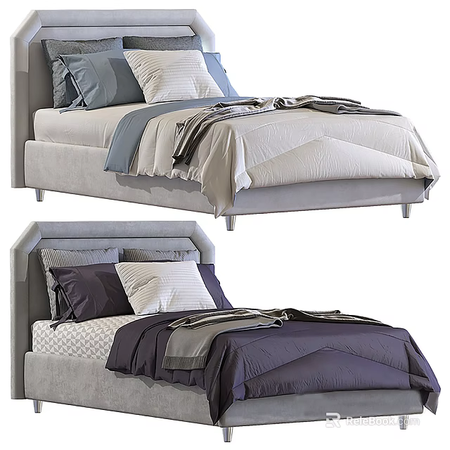 Stylish Single Bed Bedding With Gray Headboard Purple Beige Pillows And Comforters Design 3d model
