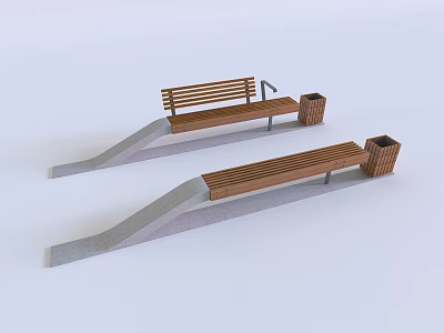 Wooden Outdoor Benches With Slope Structure And Trash Bins In Public Space 3d model