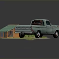 Vintage Light Blue Truck With Garden Shed Table Chairs And Potted Plants