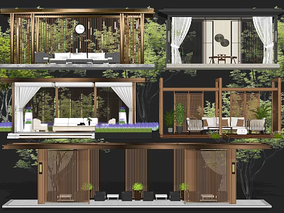Garden Landscape Design With Wooden Structures Windows Plants Seating Areas And Natural Scenery 3d model
