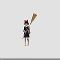 Girl Character Design With Red Bow Blue Dress And Broom From Three Angles