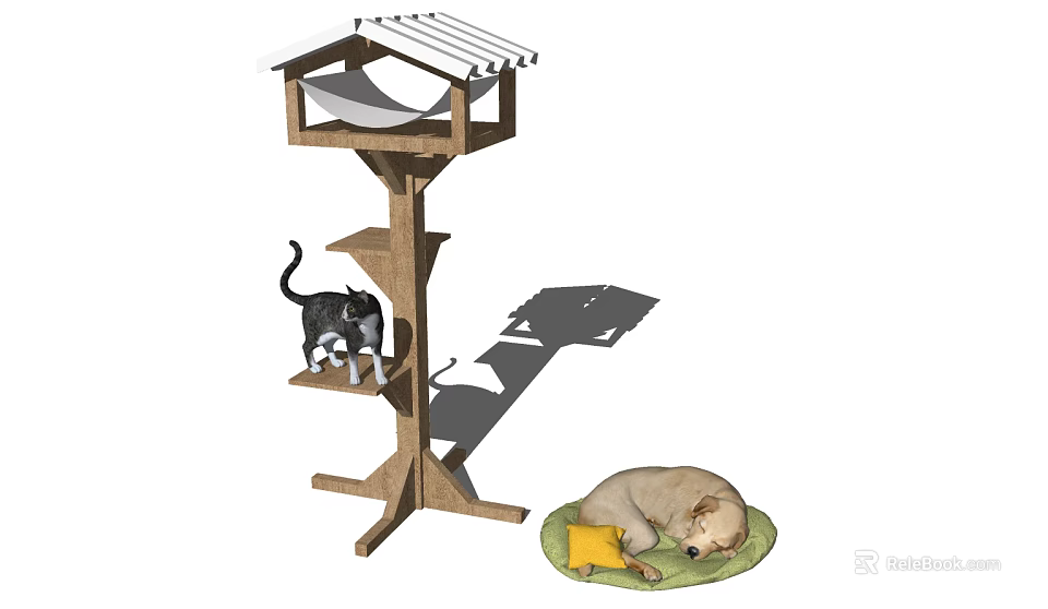 Wooden Multi Level Cat Tree With Pet Resting Area And Dog Bed 3d model 