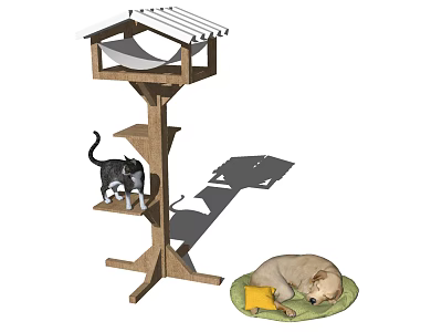 Wooden Multi Level Cat Tree With Pet Resting Area And Dog Bed 3d model