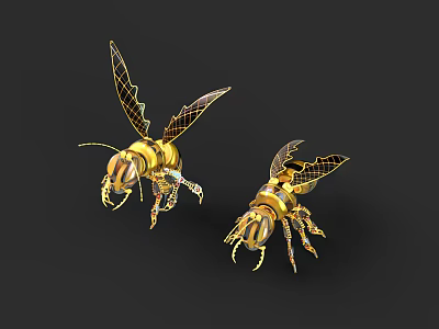 Smart Machine Bees With Golden Metallic Body And Netted Wings Design 3d model