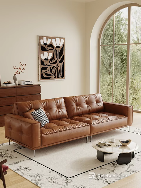 Brown Leather Three Seater Sofa With Stitched Design Checkered Cushion Wooden Cabinet And Decorative Painting 3d model 