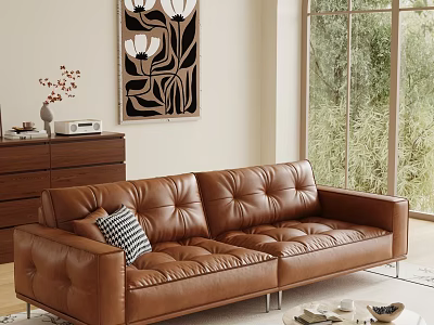 Brown Leather Three Seater Sofa With Stitched Design Checkered Cushion Wooden Cabinet And Decorative Painting 3d model