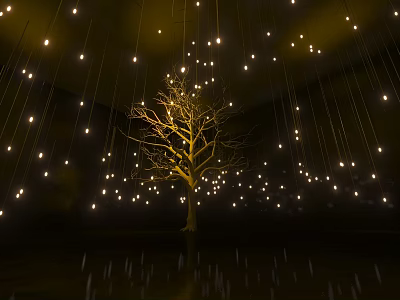 Illuminated Tree With Hanging Lights In Dark Background And Ground Reflection 3d model